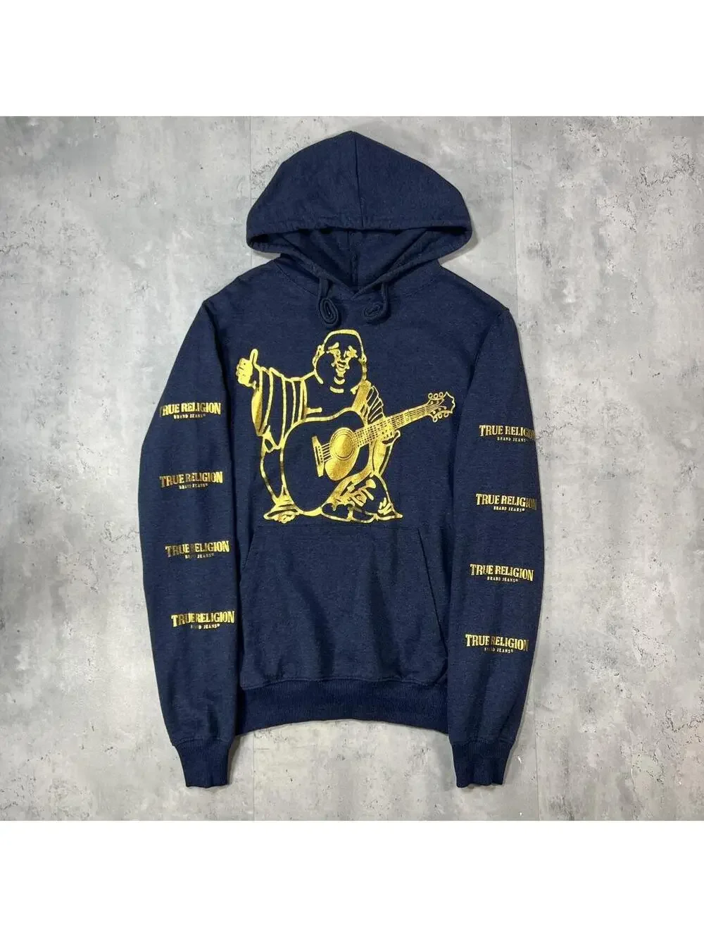 Y2K Navy True Religion Golden Buddha Grunge Skater Hoodie